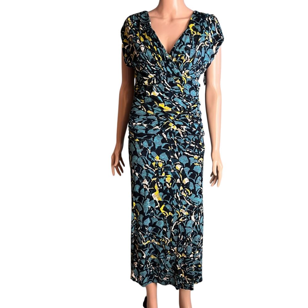 Moulinette Soeurs Anthropologie Ruched Midi/Maxi Dress Med Teal Abstract Print